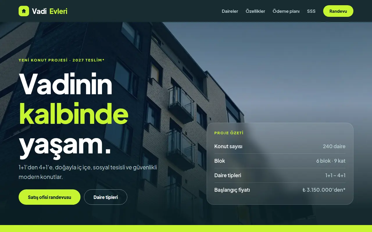 Konut Projesi Tanıtım Web Sitesi — Vadi Evleri